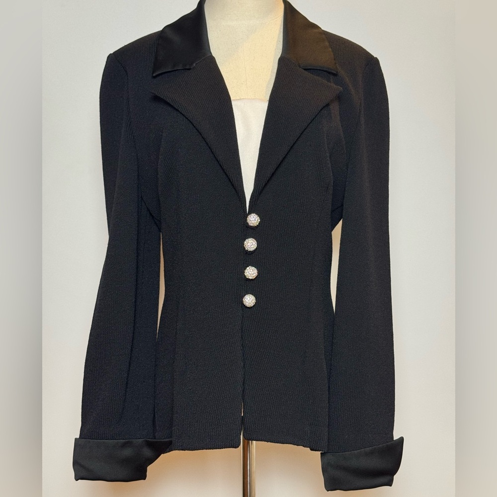 St. John Evening Tuxedo Style Black Jacket With Rhinestone Buttons Size 10